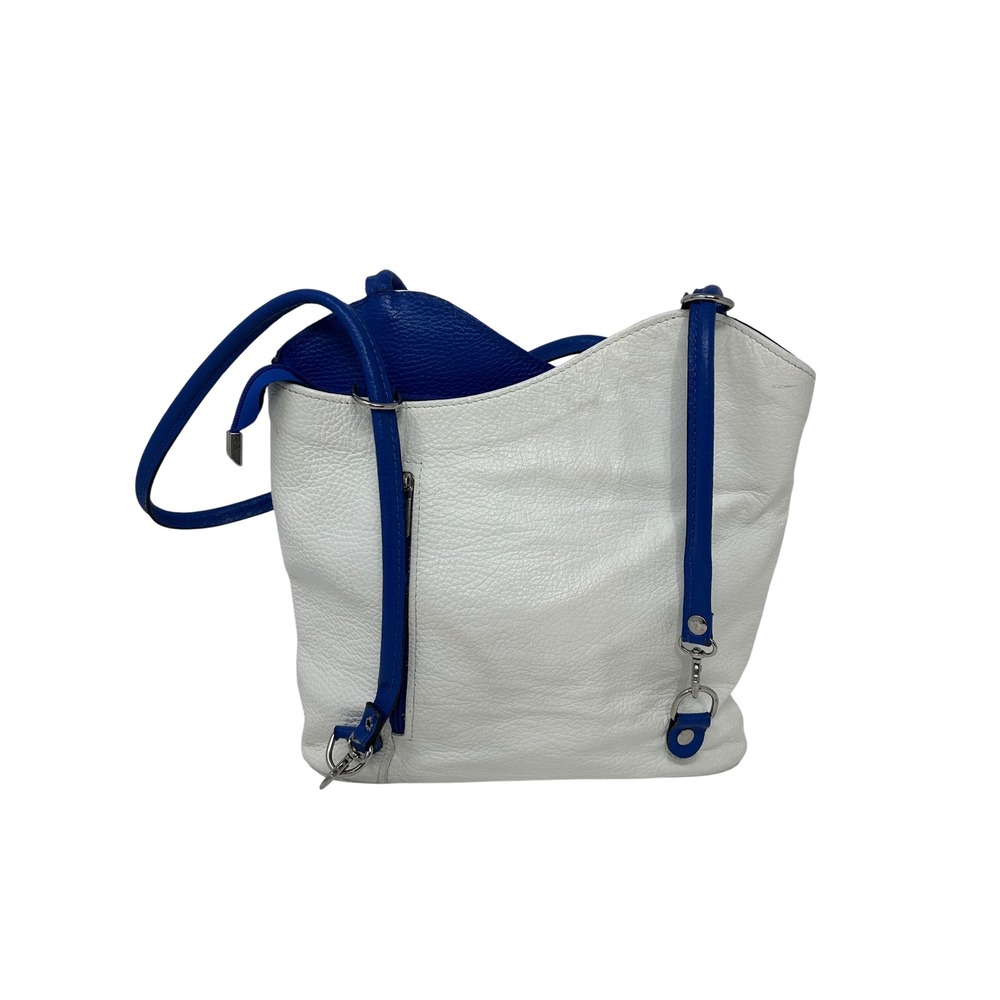 Genuine‎ Leather Made in Italy White Blue Slouchy Shoulder Bag Tote Pebbled - Picture 2 of 13